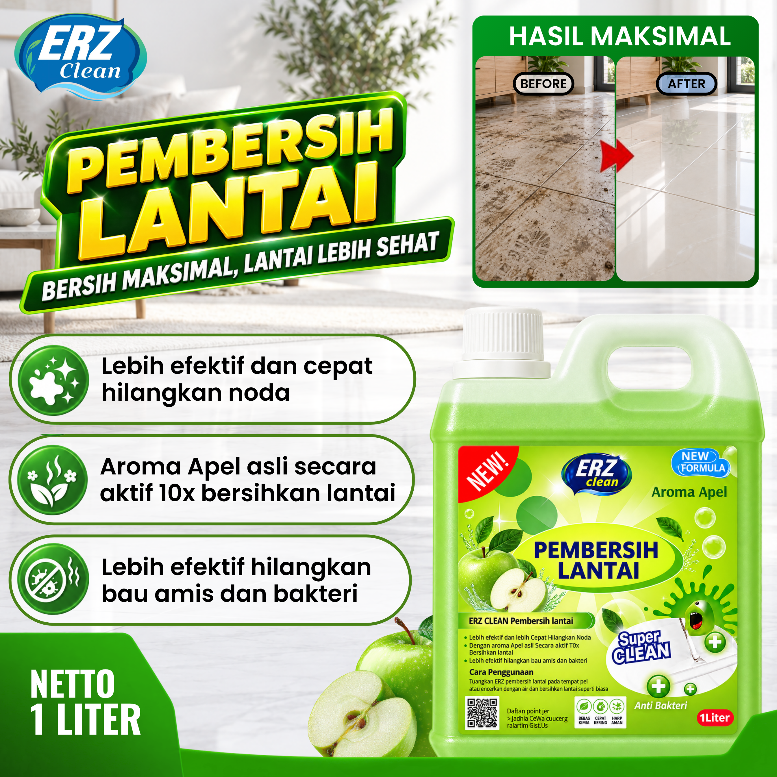 ERZ Clean Sabun Pel Lantai Antibacterial Jerigen 1000ml Wangi Tahan Lama