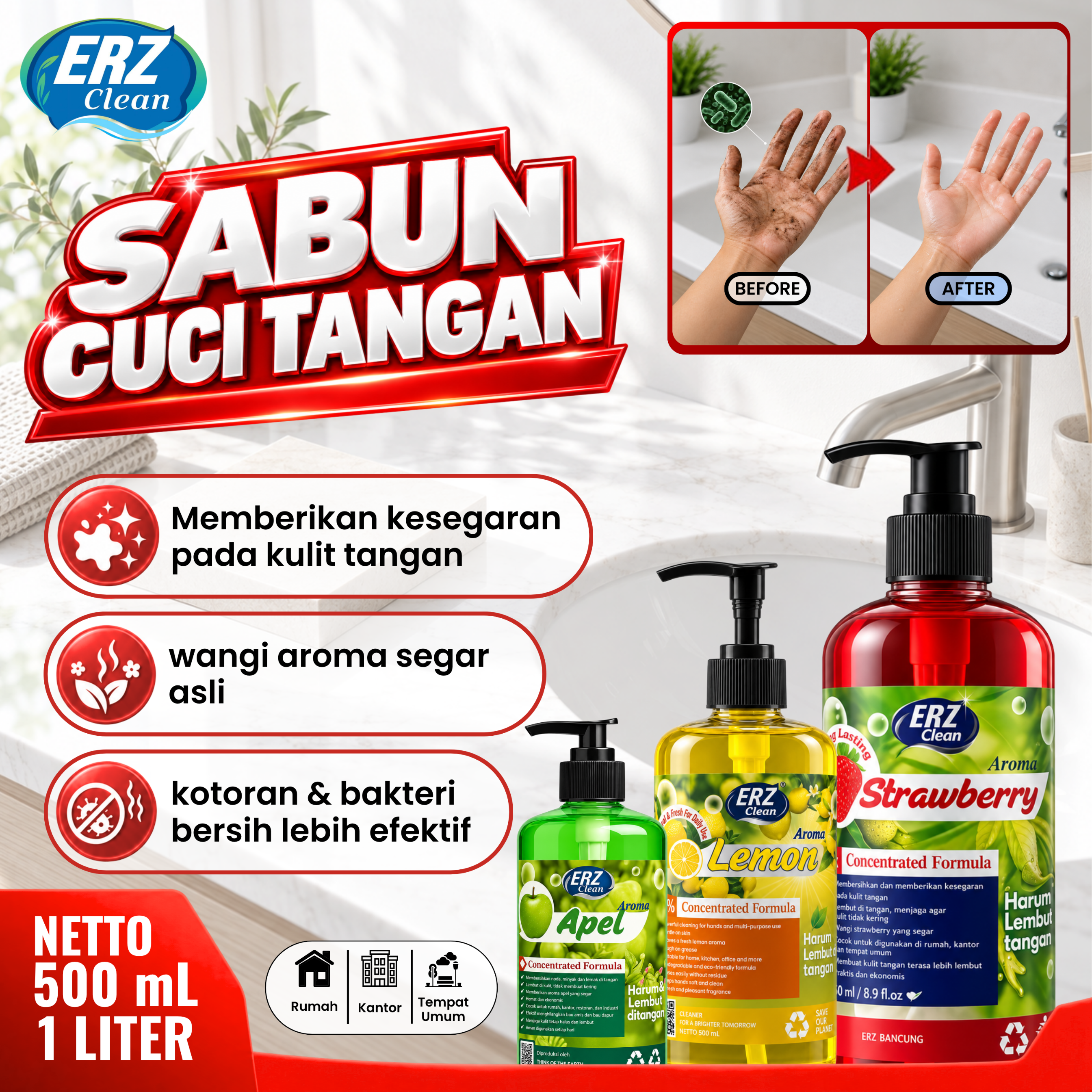 ERZ Clean Sabun Cuci Tangan Antibacterial Hand Soap 1000ml Wangi Segar