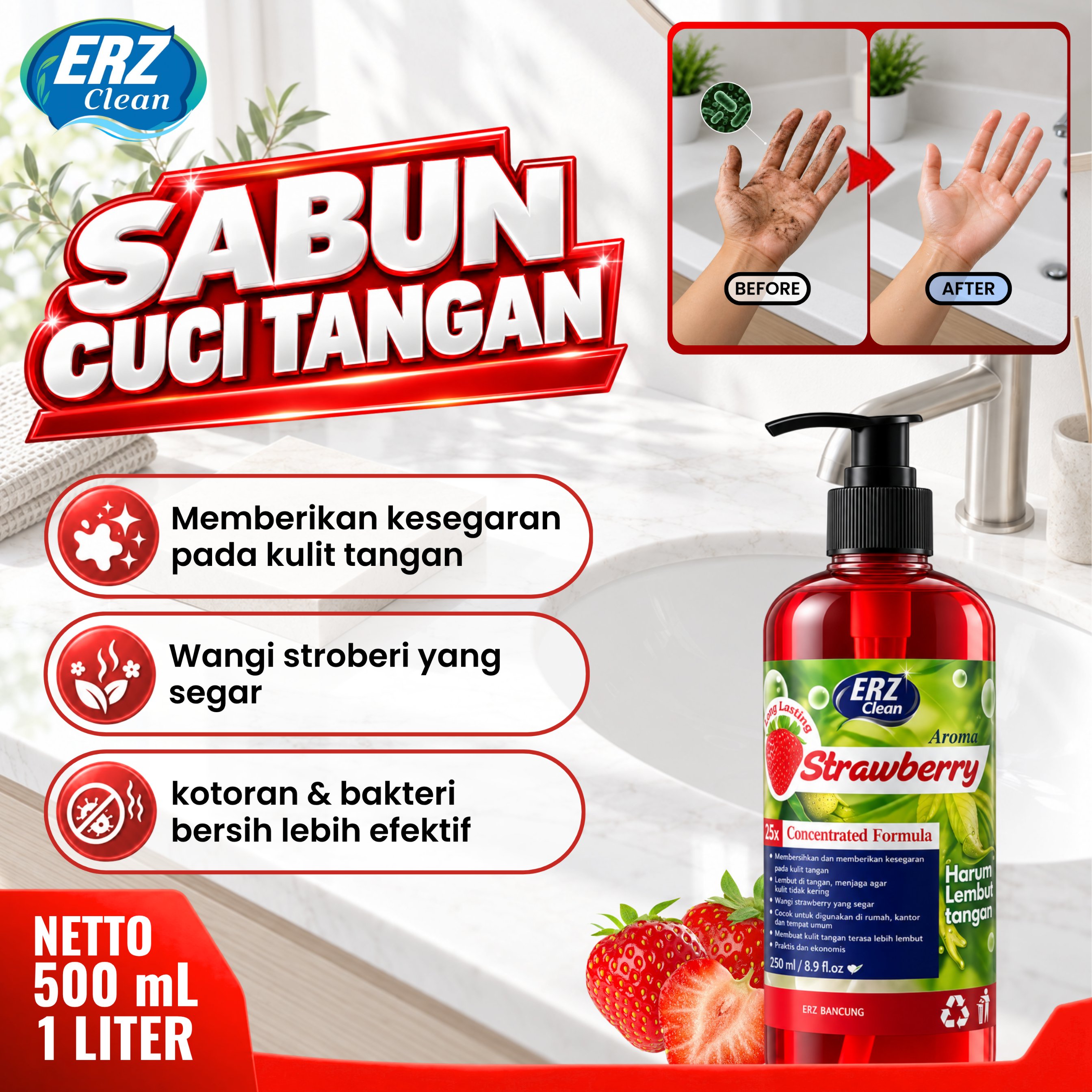ERZ Clean Sabun Cuci Tangan Antibacterial Hand Soap 1000ml Wangi Segar