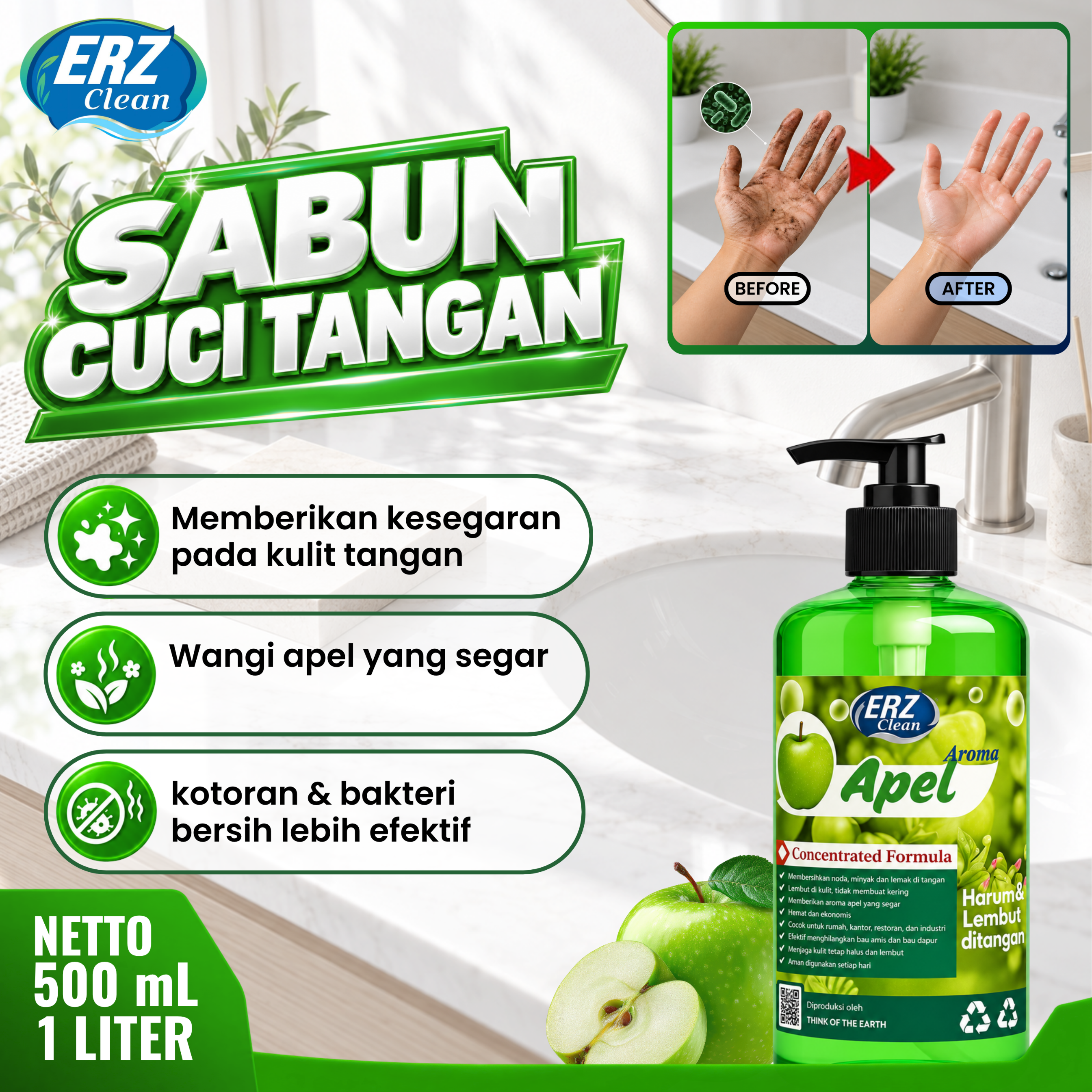ERZ Clean Sabun Cuci Tangan Antibacterial Hand Soap 1000ml Wangi Segar