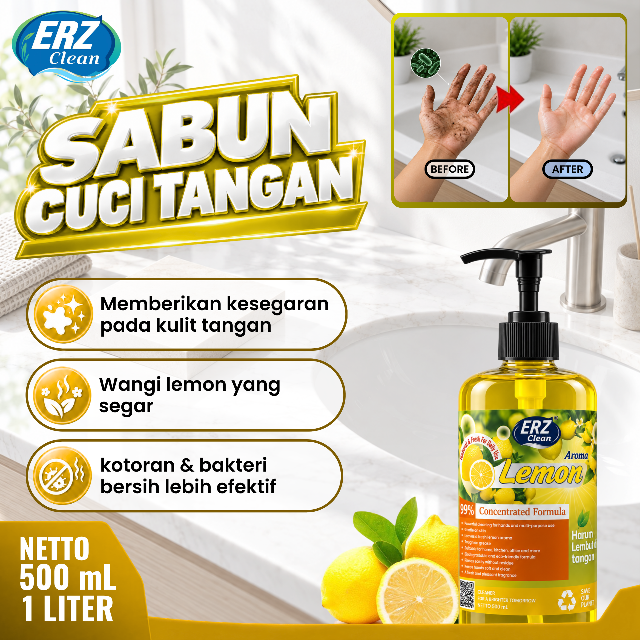 ERZ Clean Sabun Cuci Tangan Antibacterial Hand Soap 1000ml Wangi Segar
