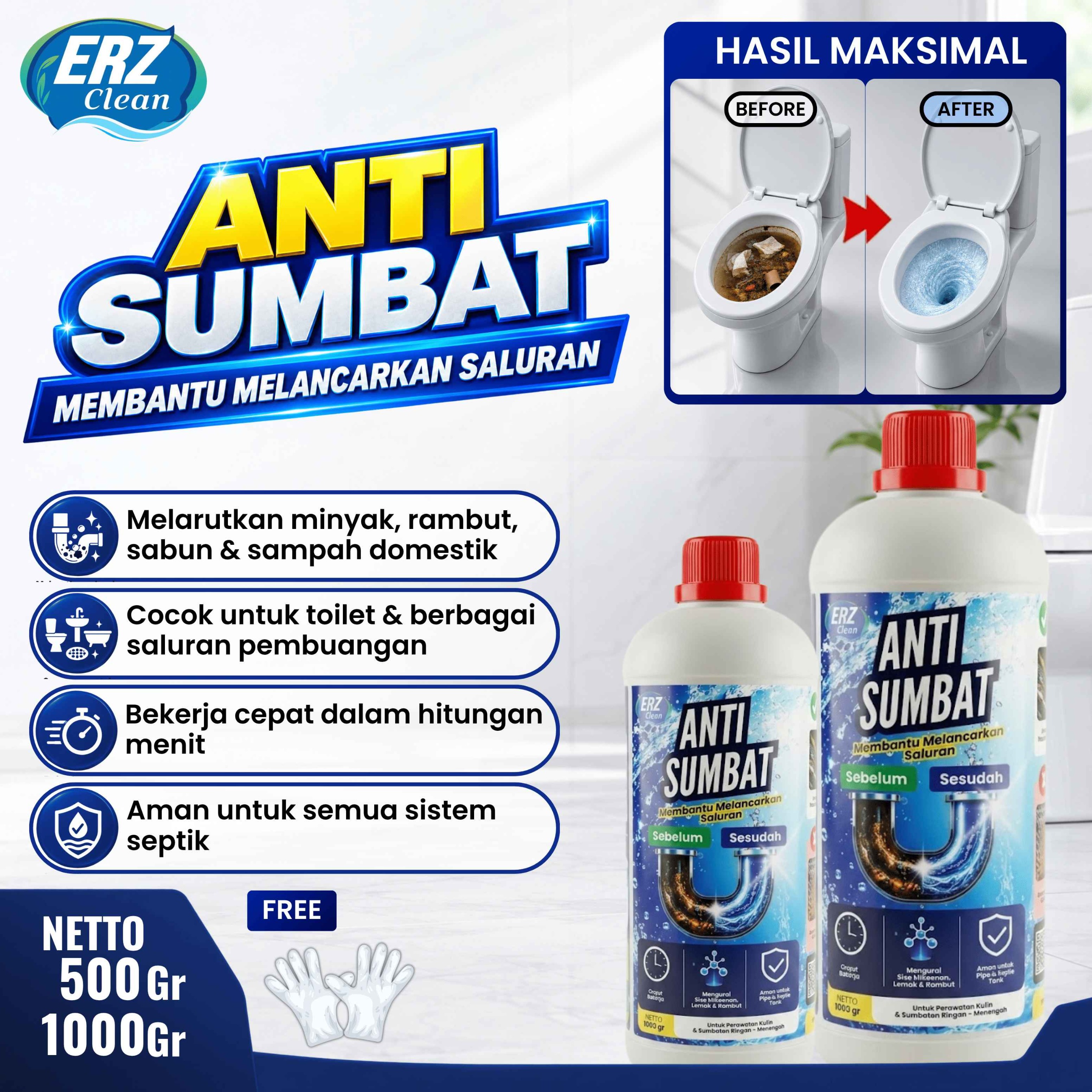 ERZ Clean Anti Sumbat Aman Pipa PVC Cairan Pembersih WC Wastafel Mampet