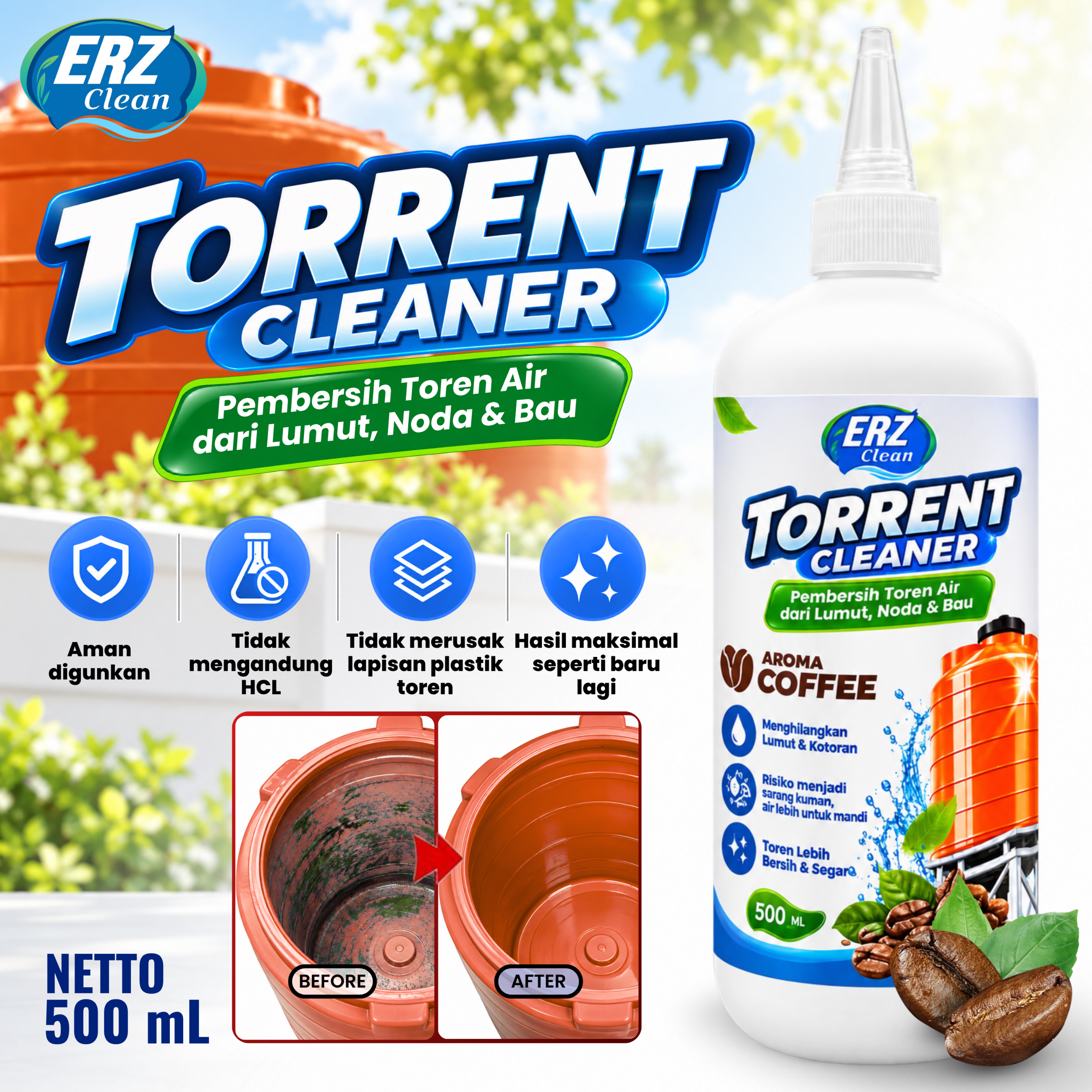 ERZ Clean Cairan Pembersih Toren Tandon Tangki Air 500ml Aroma Kopi – Penghilang Lumut & Kerak Membandel Tanpa Sikat 