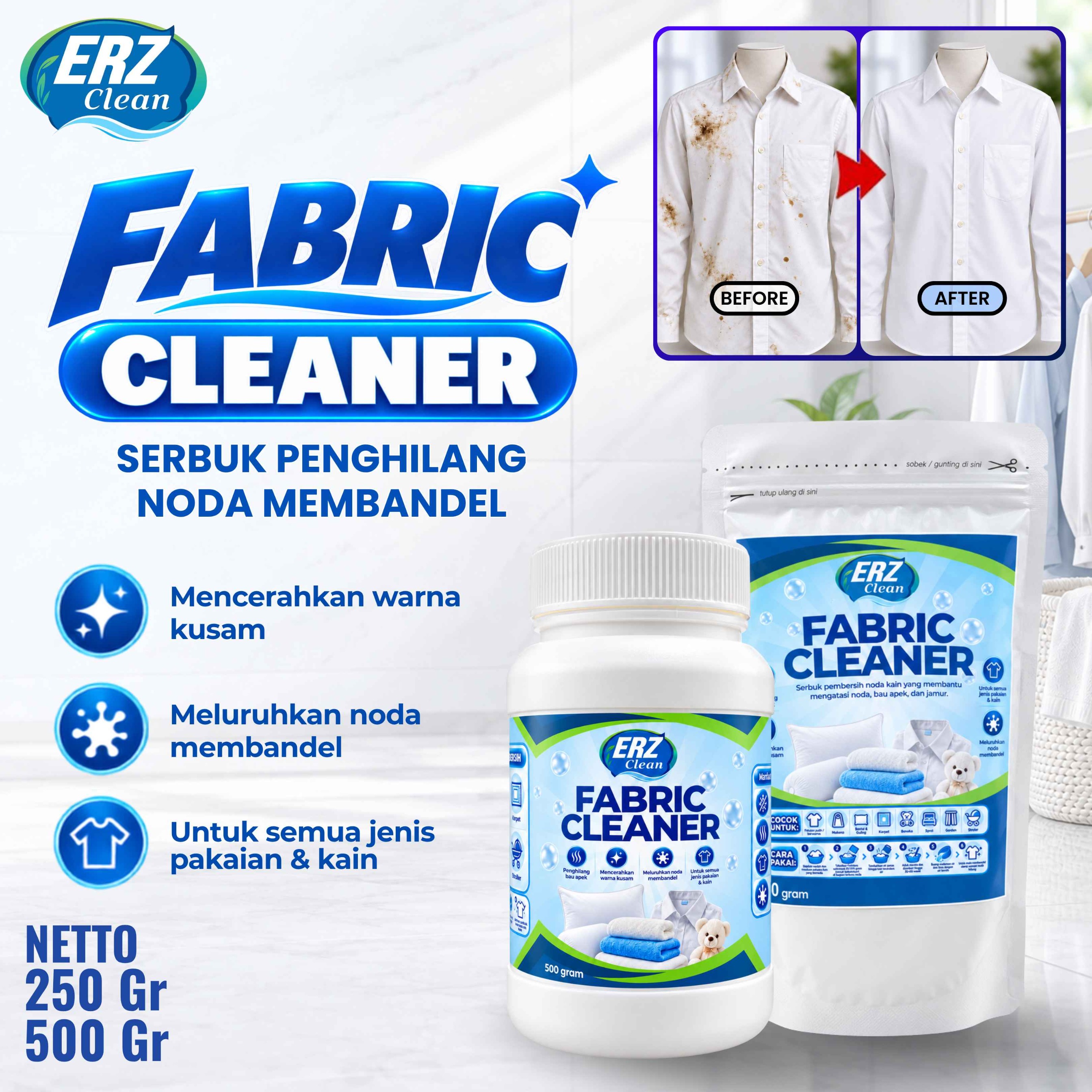 ERZ Clean Fabric Cleaner - Penghilang Noda Baju Bantal Mukenah Pencerah Warna - Membersihkan Baju Putih Berwarna Tanpa Melunturkan
