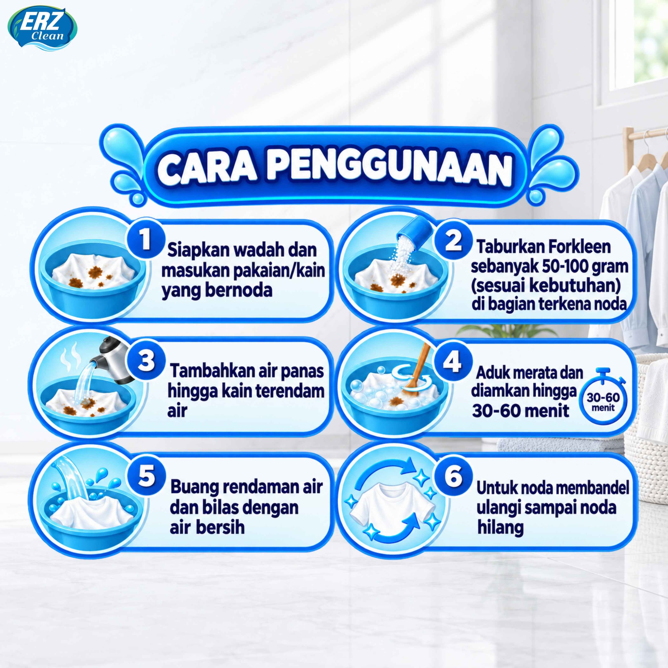 ERZ Clean Fabric Cleaner - Penghilang Noda Baju Bantal Mukenah Pencerah Warna - Membersihkan Baju Putih Berwarna Tanpa Melunturkan