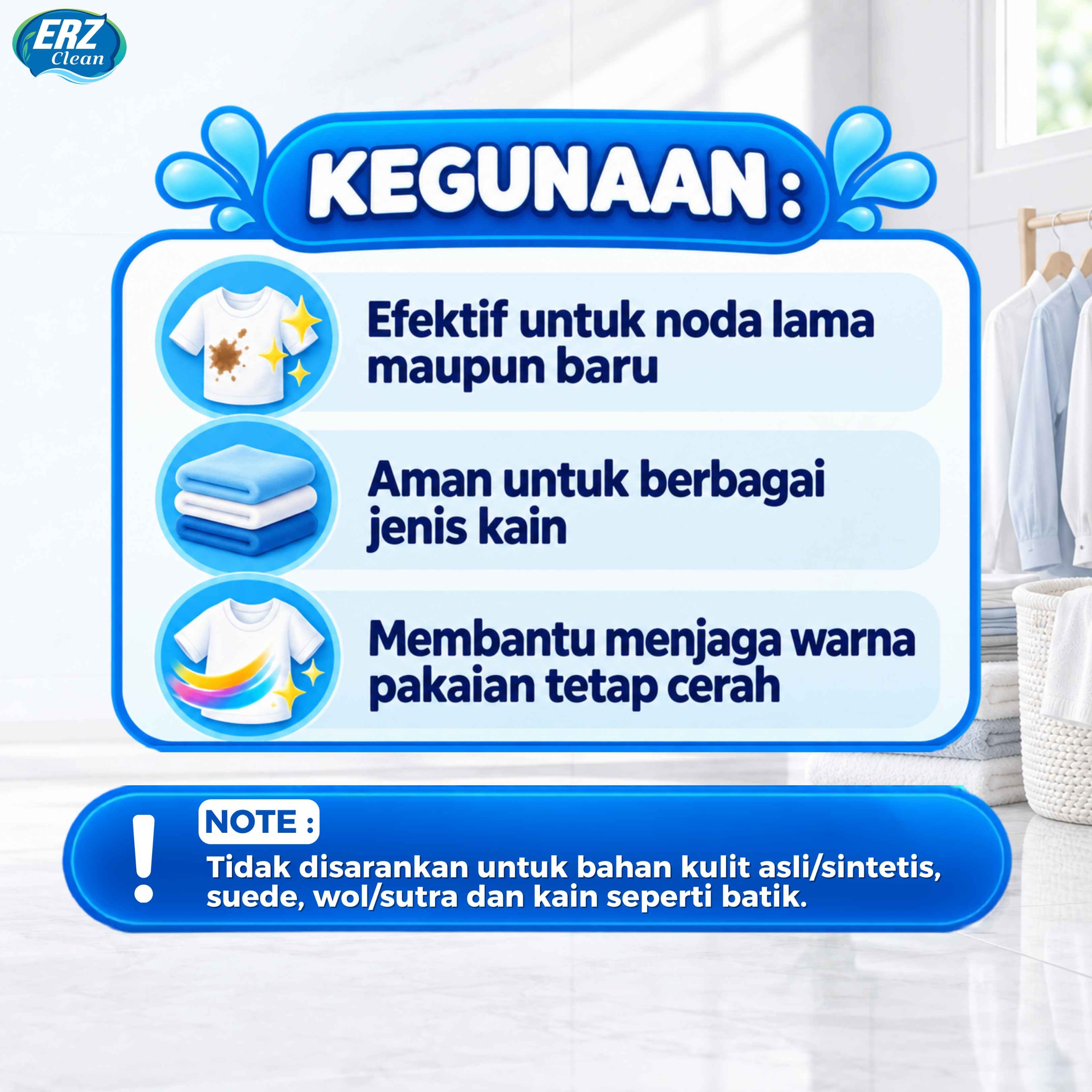 ERZ Clean Fabric Cleaner - Penghilang Noda Baju Bantal Mukenah Pencerah Warna - Membersihkan Baju Putih Berwarna Tanpa Melunturkan