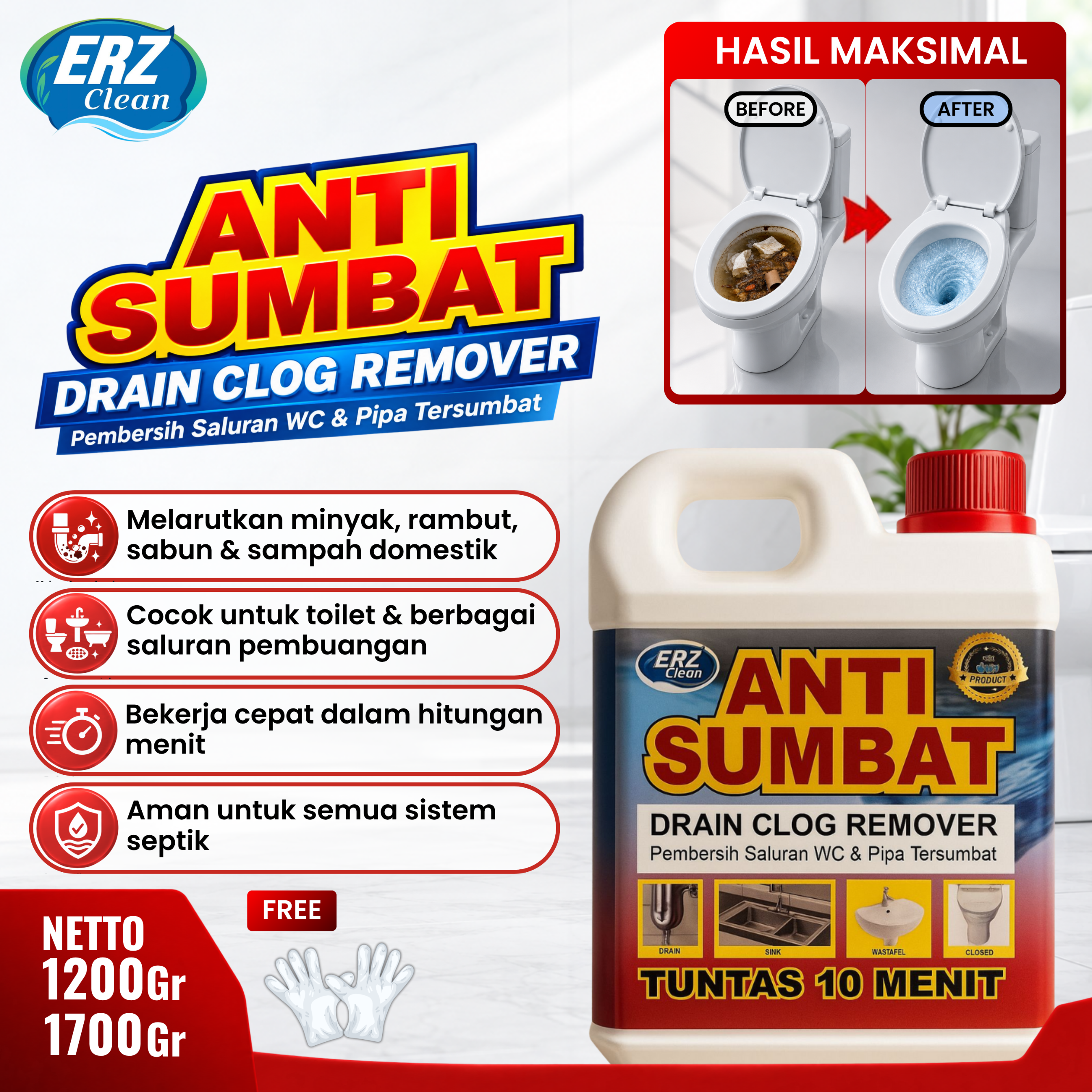 ERZ CLEAN ANTI SUMBAT 1200 Gram dan 1700 gram - Drain Clog Remover - Cairan Pelancar Saluran Air yang tersumbat - Anti Sumbat Merah - Anti Sumbat ERZ CLEAN / Anti Sumbat Wc Saluran Air Wastafel Mampet Yang Bekerja Dengan Cepat dan Praktis