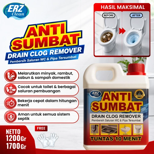 ERZ CLEAN ANTI SUMBAT 1200 Gram dan 1700 gram - Drain Clog Remover - Cairan Pelancar Saluran Air yang tersumbat - Anti Sumbat Merah - Anti Sumbat ERZ CLEAN / Anti Sumbat Wc Saluran Air Wastafel Mampet Yang Bekerja Dengan Cepat dan Praktis