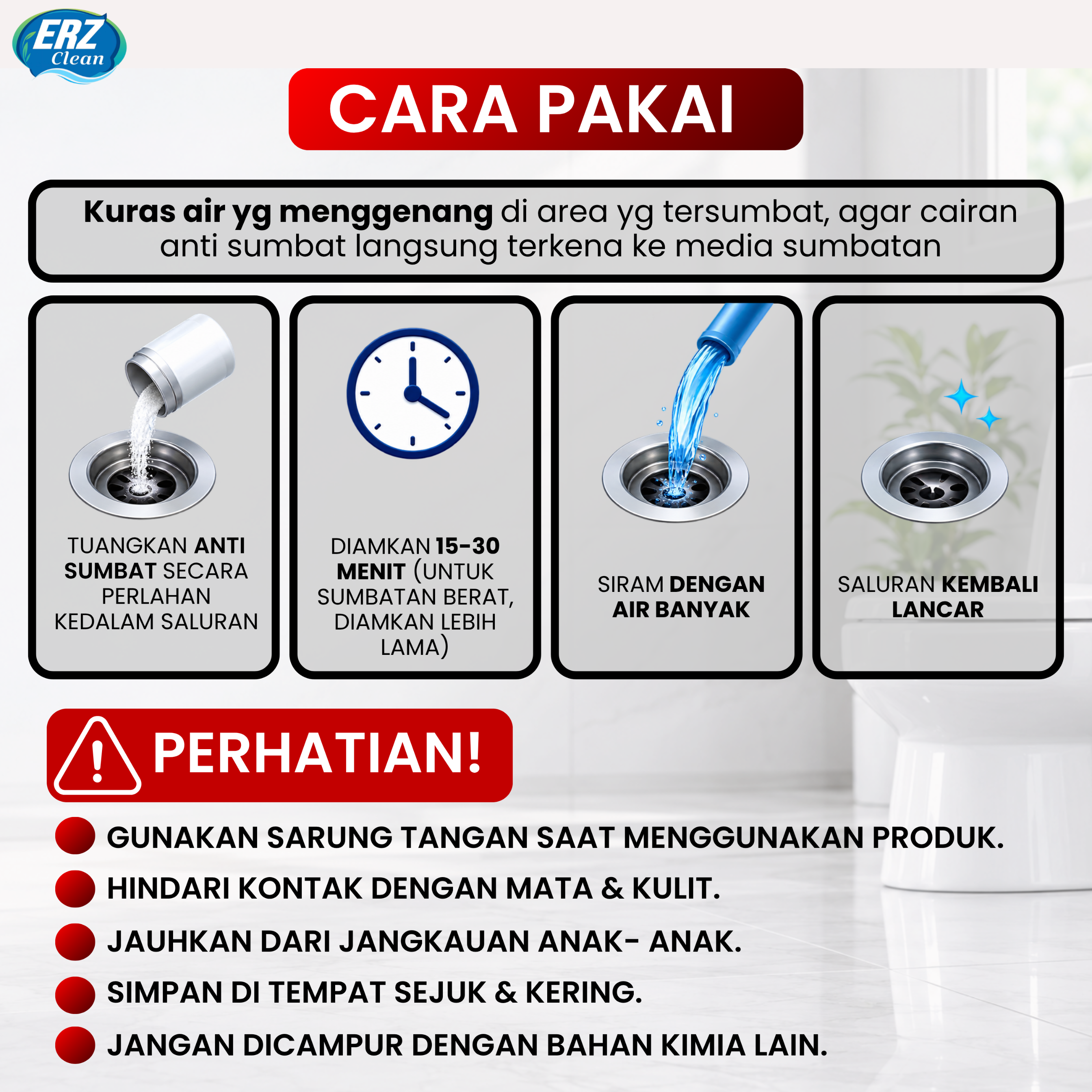 ERZ CLEAN ANTI SUMBAT 1200 Gram dan 1700 gram - Drain Clog Remover - Cairan Pelancar Saluran Air yang tersumbat - Anti Sumbat Merah - Anti Sumbat ERZ CLEAN / Anti Sumbat Wc Saluran Air Wastafel Mampet Yang Bekerja Dengan Cepat dan Praktis