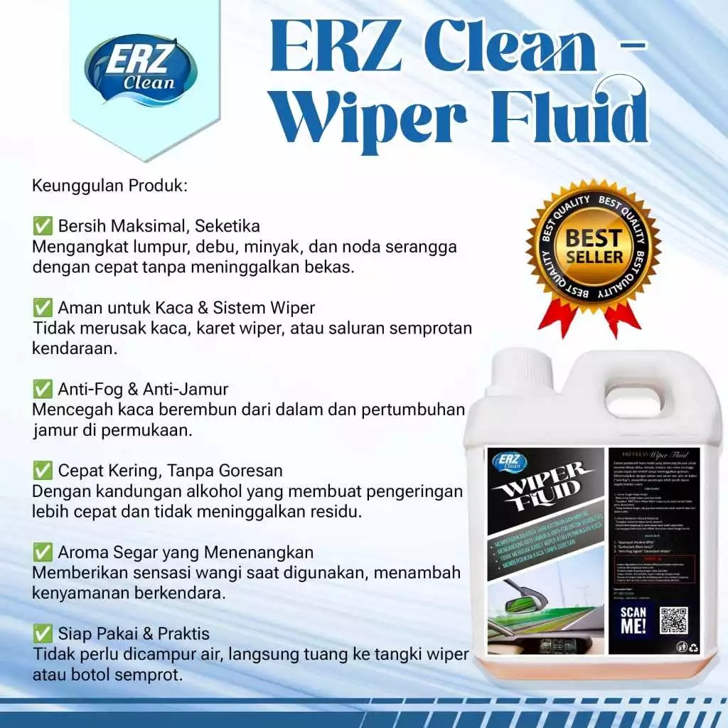ERZ Clean Wiper Fluid 1 Liter Cairan Pembersih Kaca Mobil Anti Jamur Depan Belakang