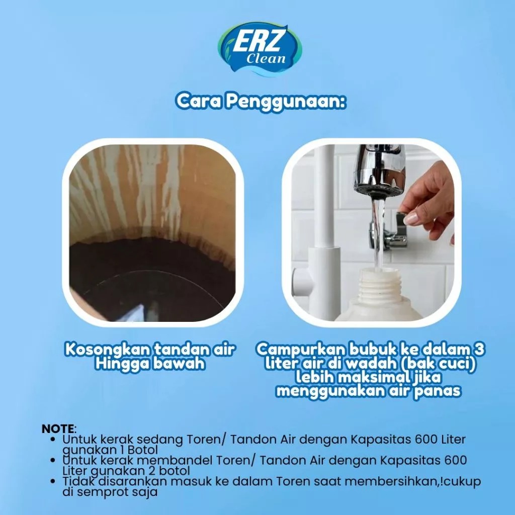ERZ Clean Serbuk Pembersih Toren Air Anti Lumut Tandon Sumur Tangki Paralon Tanpa Sikat 500 gram