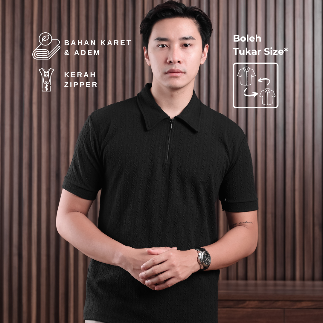 Zipper Neck Jacquard Knit Polo Shirt