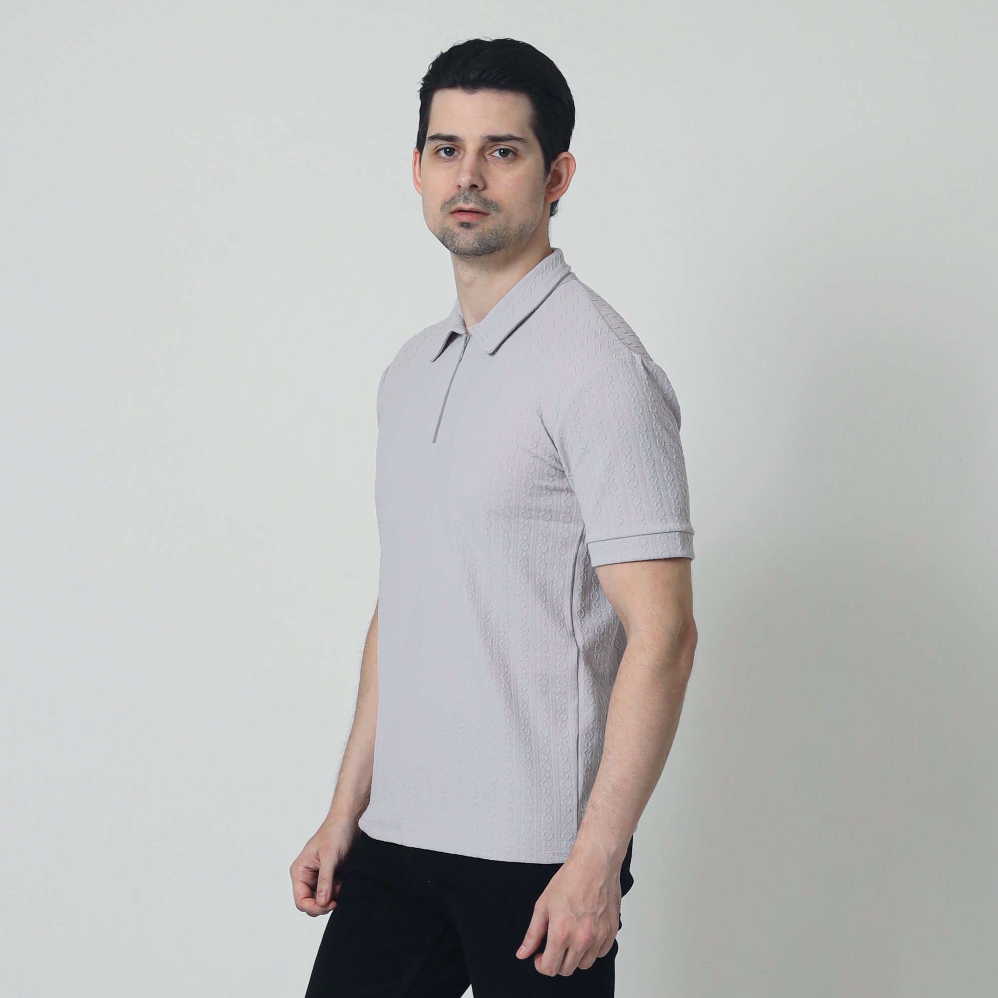 Zipper Neck Jacquard Knit Polo Shirt