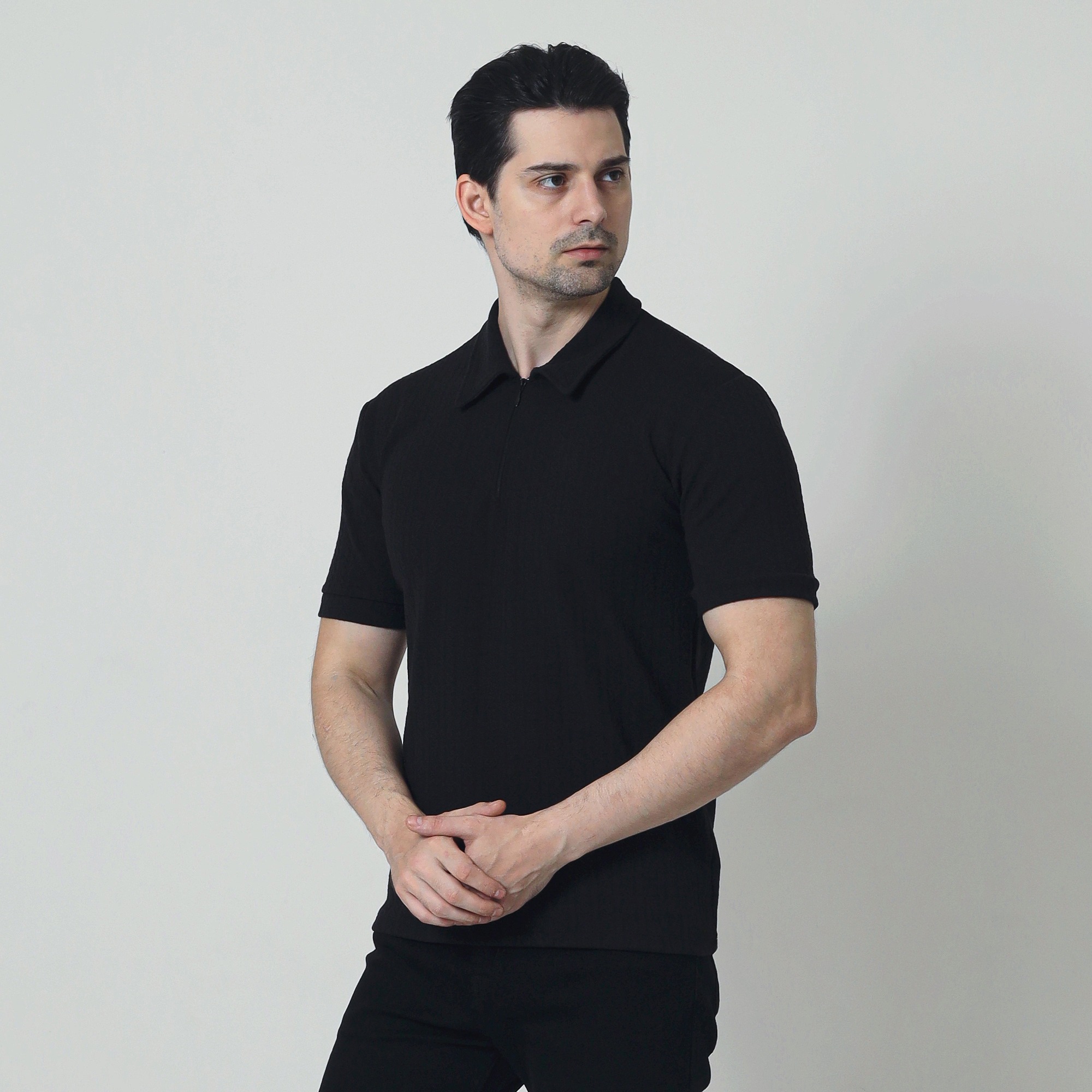 Zipper Neck Jacquard Knit Polo Shirt