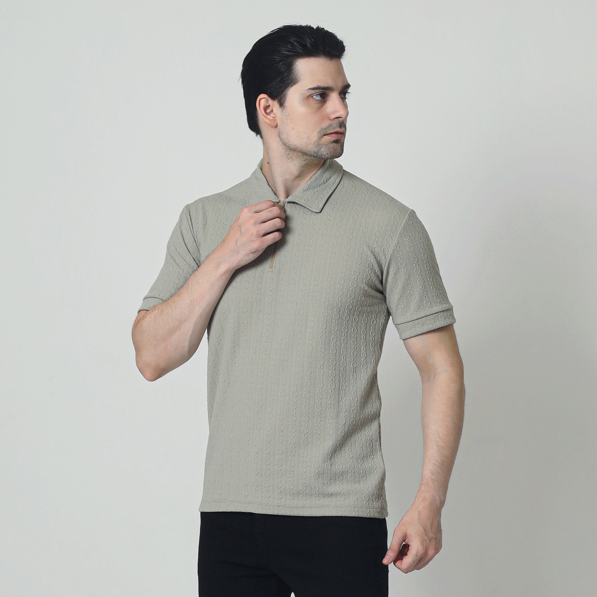 Zipper Neck Jacquard Knit Polo Shirt