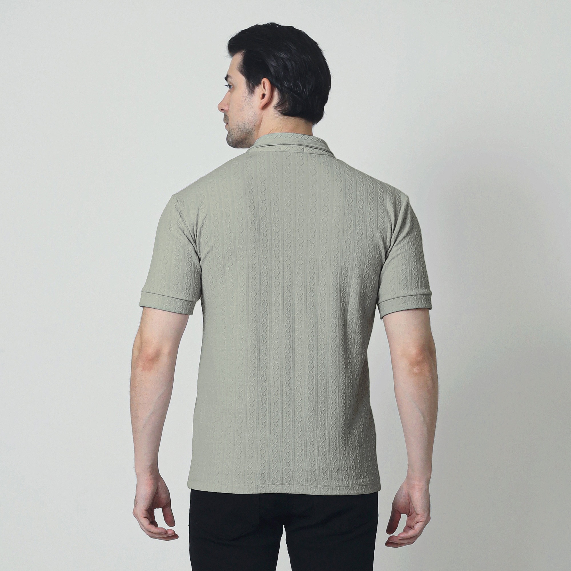Zipper Neck Jacquard Knit Polo Shirt