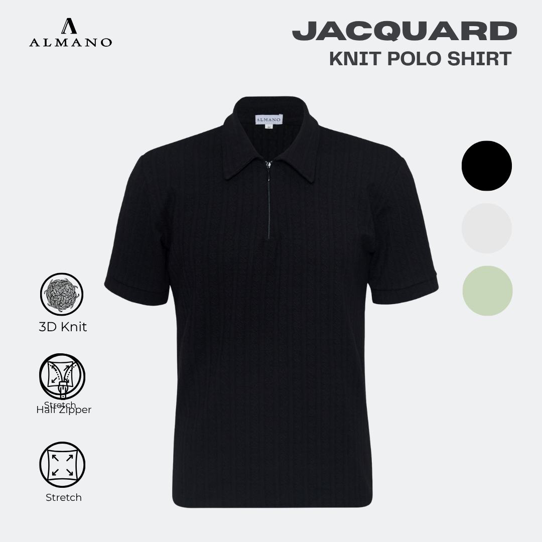 Zipper Neck Jacquard Knit Polo Shirt