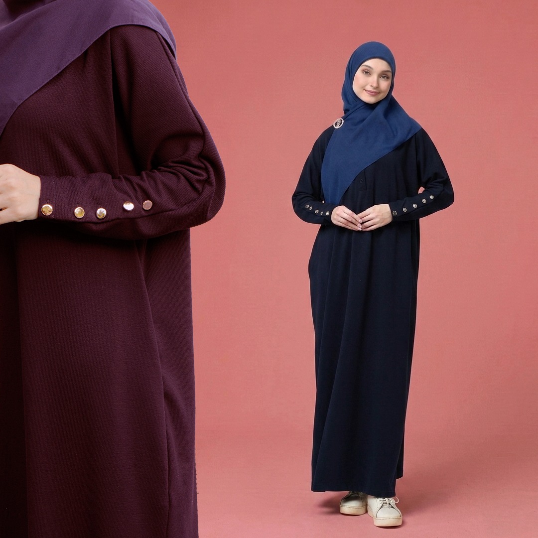 MAHIRA ABAYA KNIT - ABAYA UMROH & HAJI - DRESS ABAYA KAOS KNIT PREMIUM - ABAYA RAJUT GOLD BUTTON BUSUI