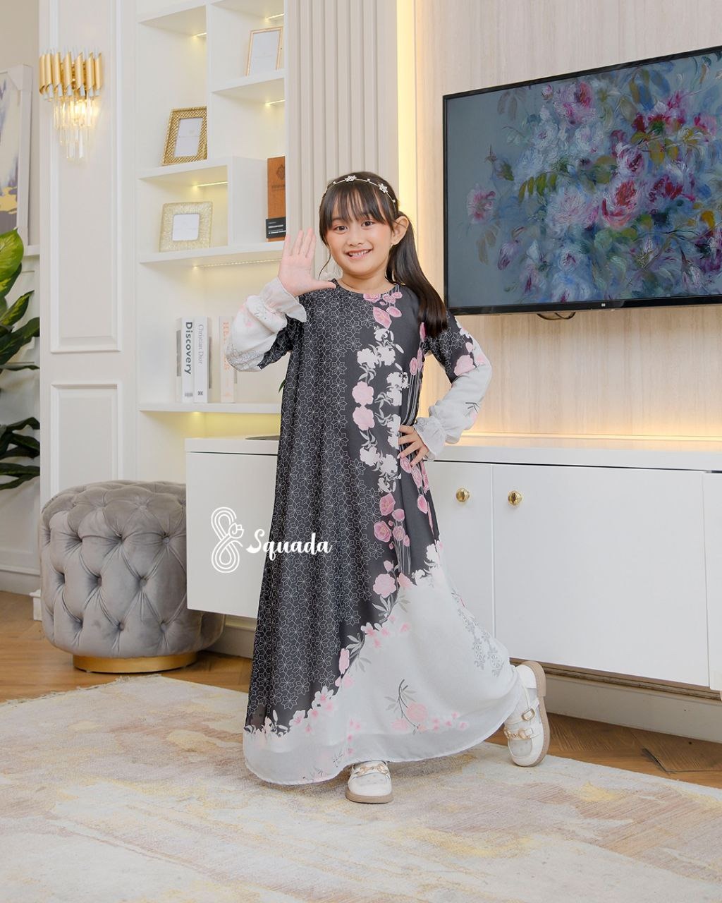 SQUADA | Dress Anak Silk Premium Gamis Motif Couple Lebaran Umroh Pesta Nikahan Arunika Adiwarna