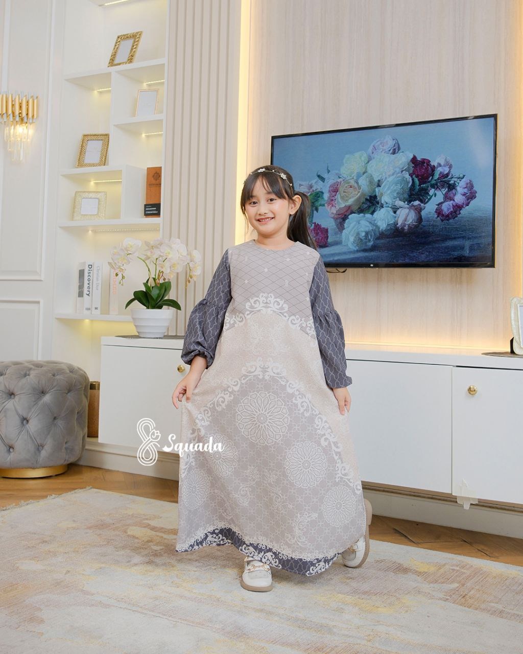 SQUADA | Dress Anak Silk Premium Gamis Motif Couple Lebaran Umroh Pesta Nikahan Arunika Adiwarna