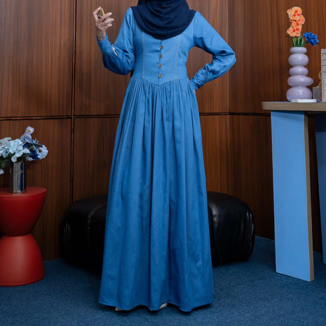 Evolvere - Hazel Denim Luxe ( pita ) Gamis Muslim Wanita