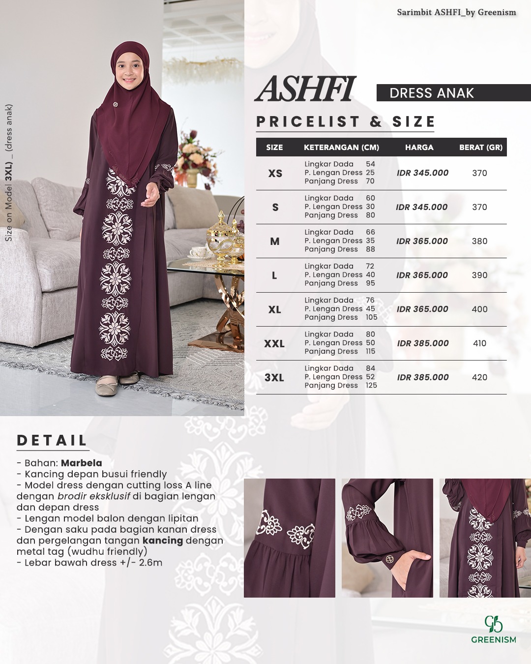 GREENISM - (All Colours) Ashfi Dress Anak | Baju Atasan Wanita Terbaru | Gamis Lebaran 2026