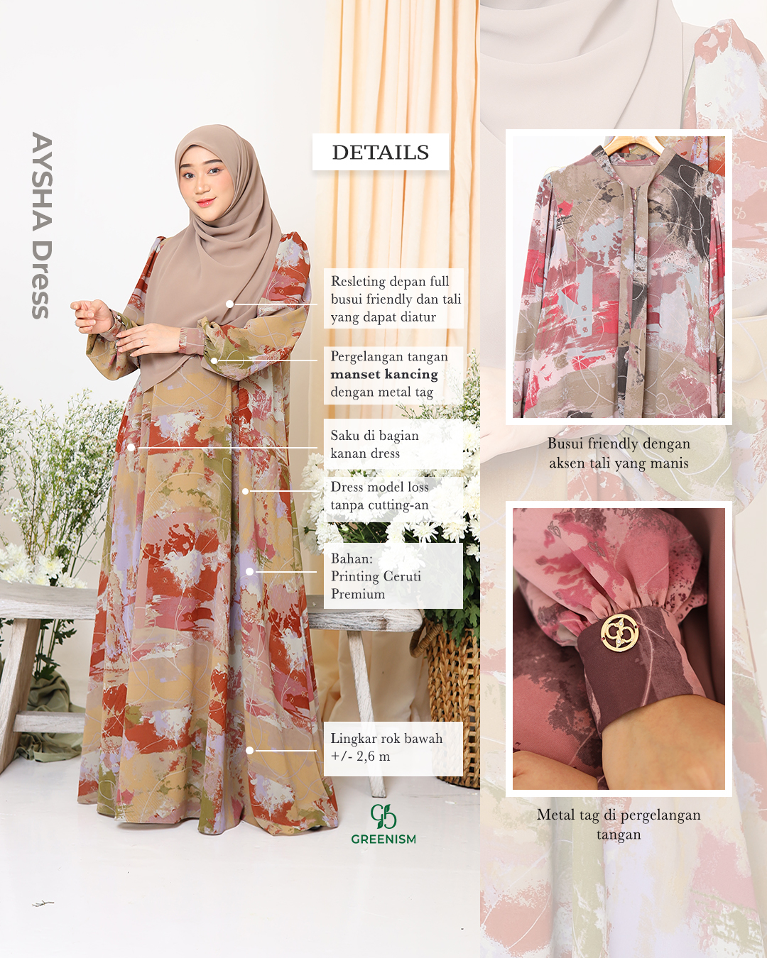 GREENISM - Aysha Dress Ceruti Printing Premium | Busui friendly Gamis Daily