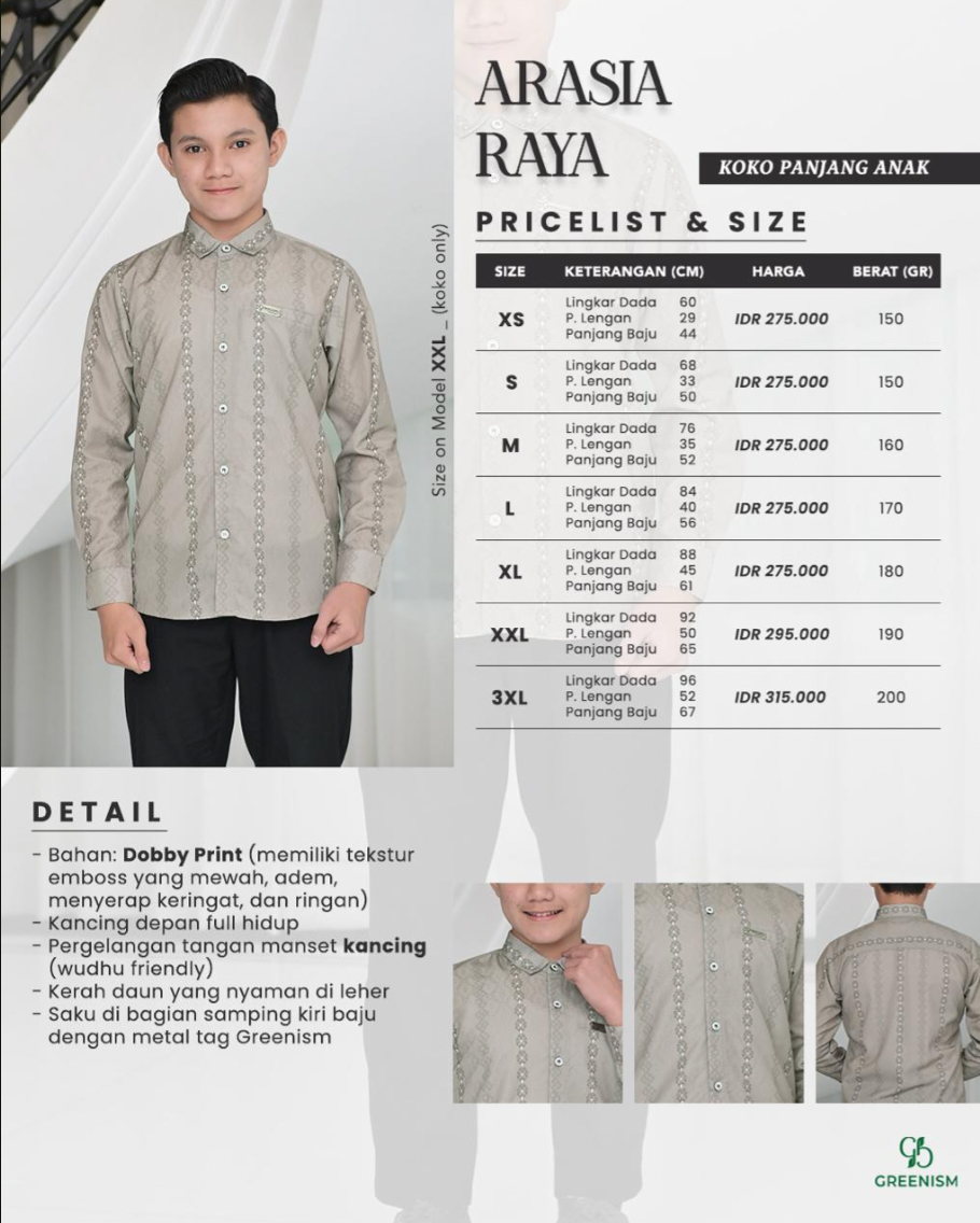 GREENISM - (All Colours) Arasia Raya Gamis Koko Anak Lengan Panjang | Baju Atasan Wanita Terbaru | Gamis Lebaran 2026 Model Gamis Terbaru