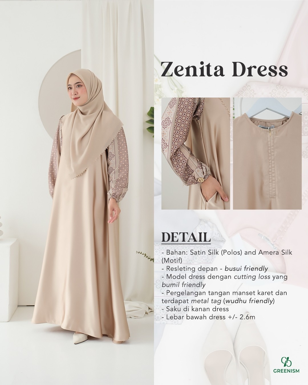 GREENISM - Zenita Dress Satin Silk dan Amera Silk | Busui friendly Gamis Daily