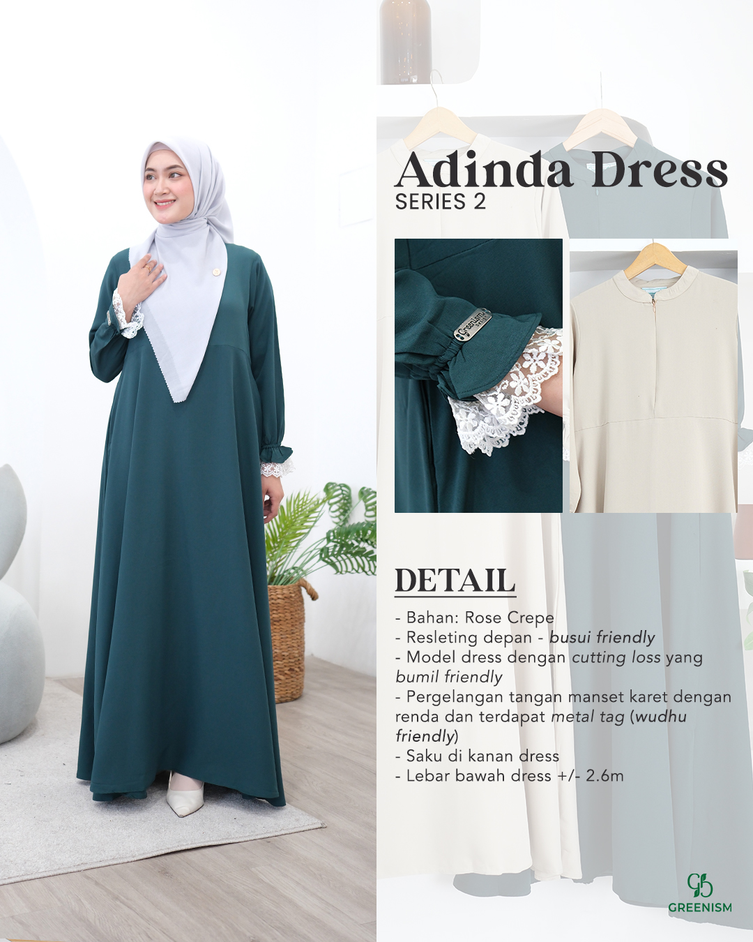GREENISM - Adinda serie 2 Dress Rose Crepe | Busui friendly Gamis Daily