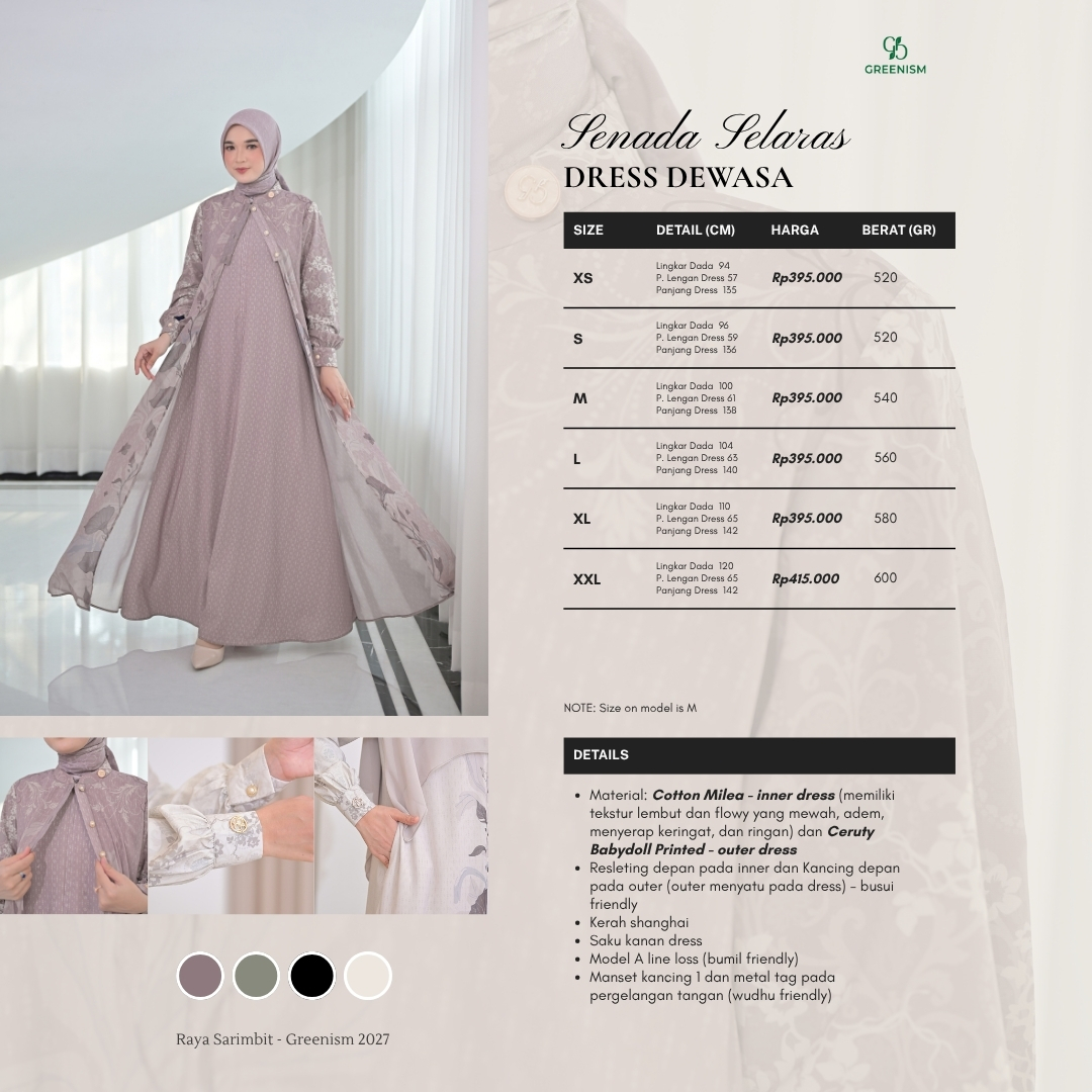 Greenism | Ready Stock | Senada Selaras Dress Gamis Wanita Dewasa | All Color | Sarimbit Terbaru Lebaran 2027