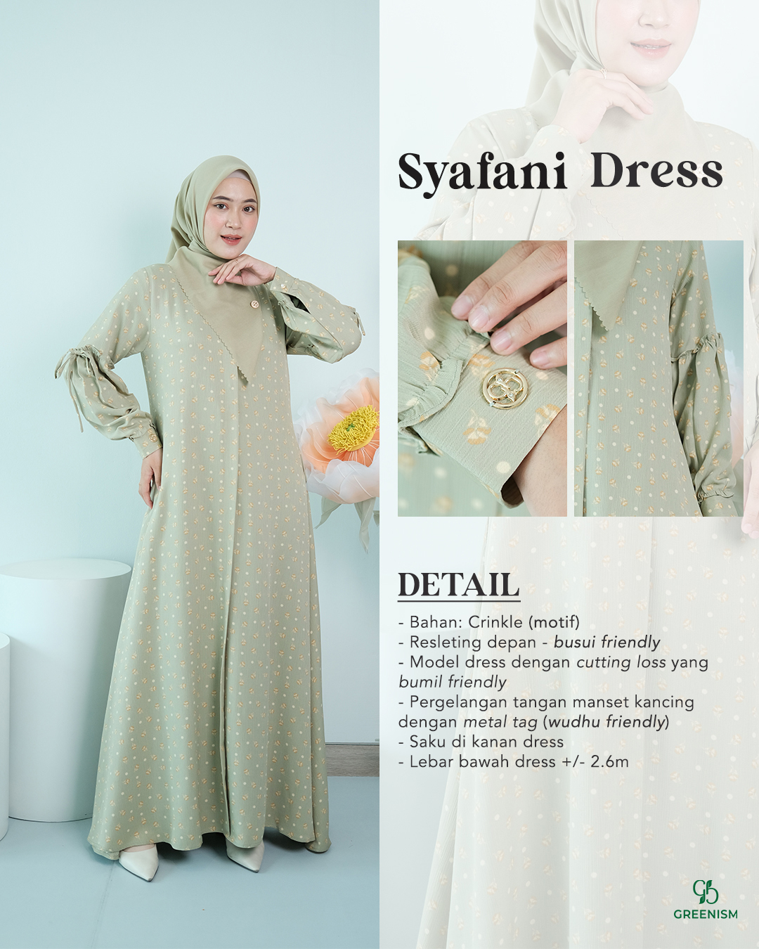GREENISM - Syafani Dress Crinkle | Busui friendly Gamis Daily
