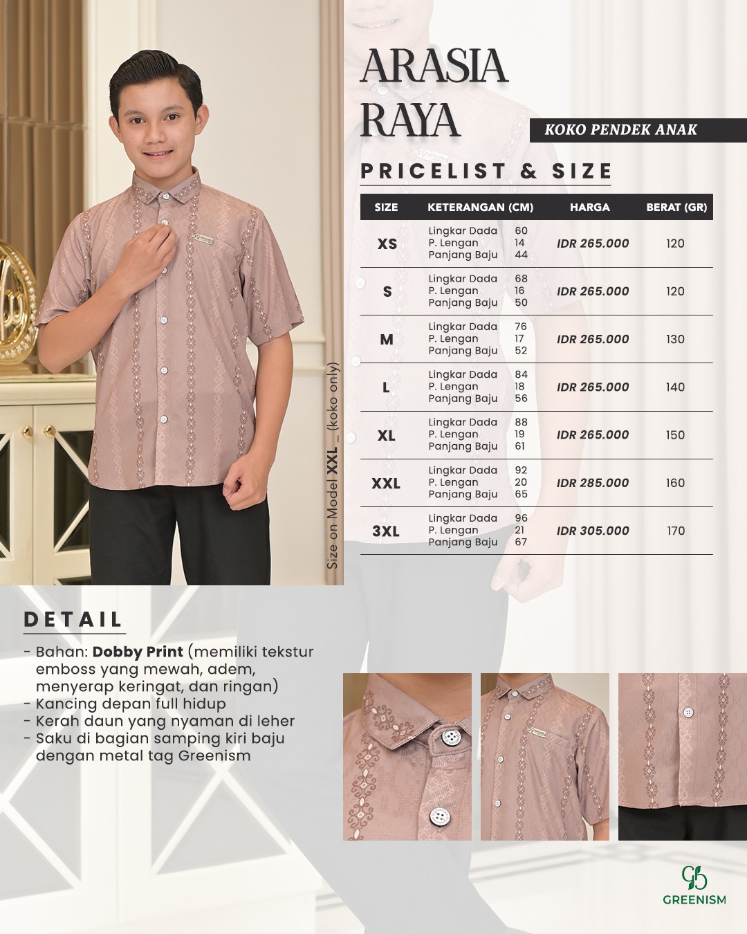 GREENISM - (All Colours) Arasia Raya Koko Anak Lengan Pendek | Baju Atasan Wanita Terbaru | Gamis Lebaran 2026 Model Gamis Terbaru