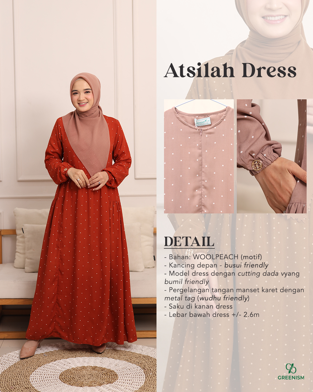GREENISM - Atsilah Dress Woolpeach | Busui friendly Gamis Daily
