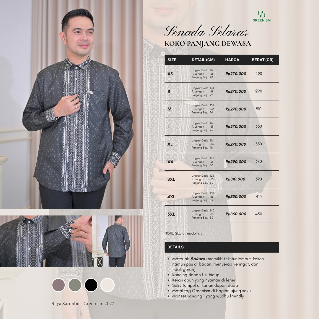 Greenism | Pre Order | Senada Selaras Koko Dewasa Lengan Panjang | All Color | Sarimbit Terbaru Lebaran 2027