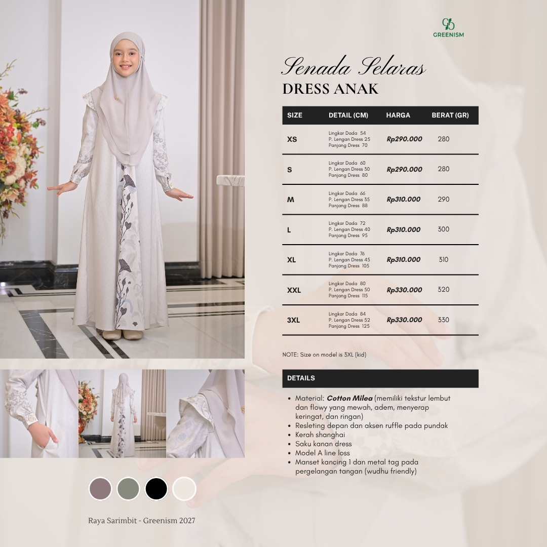 Greenism | Ready Stock | Senada Selaras Dress Anak | All Color | Sarimbit Terbaru Lebaran 2027