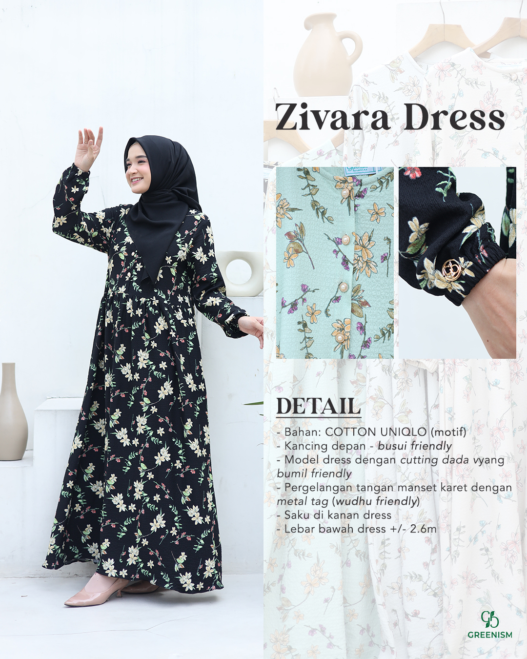 GREENISM - Zivara Dress Katun  | Busui friendly Gamis Daily