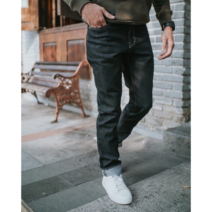 WOLFGANG V1 - Celana Denim Selvedge Accent Black Indigo Denim 13oz Strech Slimfit cut