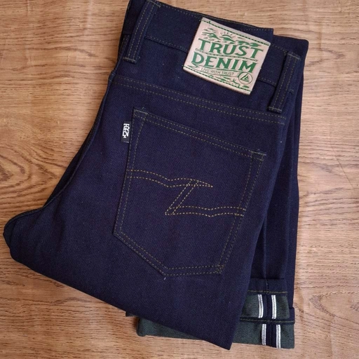 Image of Wolf Rider Green Weft Indigo Denim | Celana Denim selvedge accent  Slim Straight