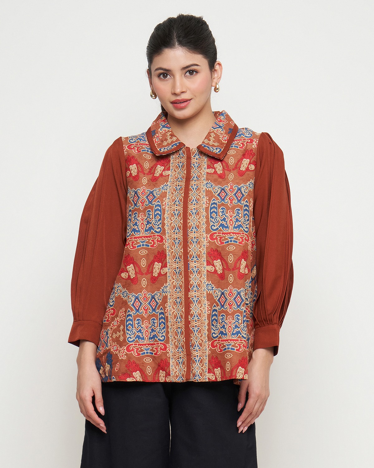 Rizkya Batik Blouse Lampion Doby List Polos Kancing Depan