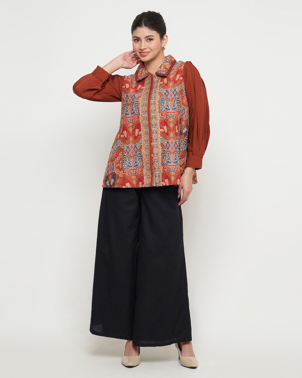Rizkya Batik Blouse Lampion Doby List Polos Kancing Depan
