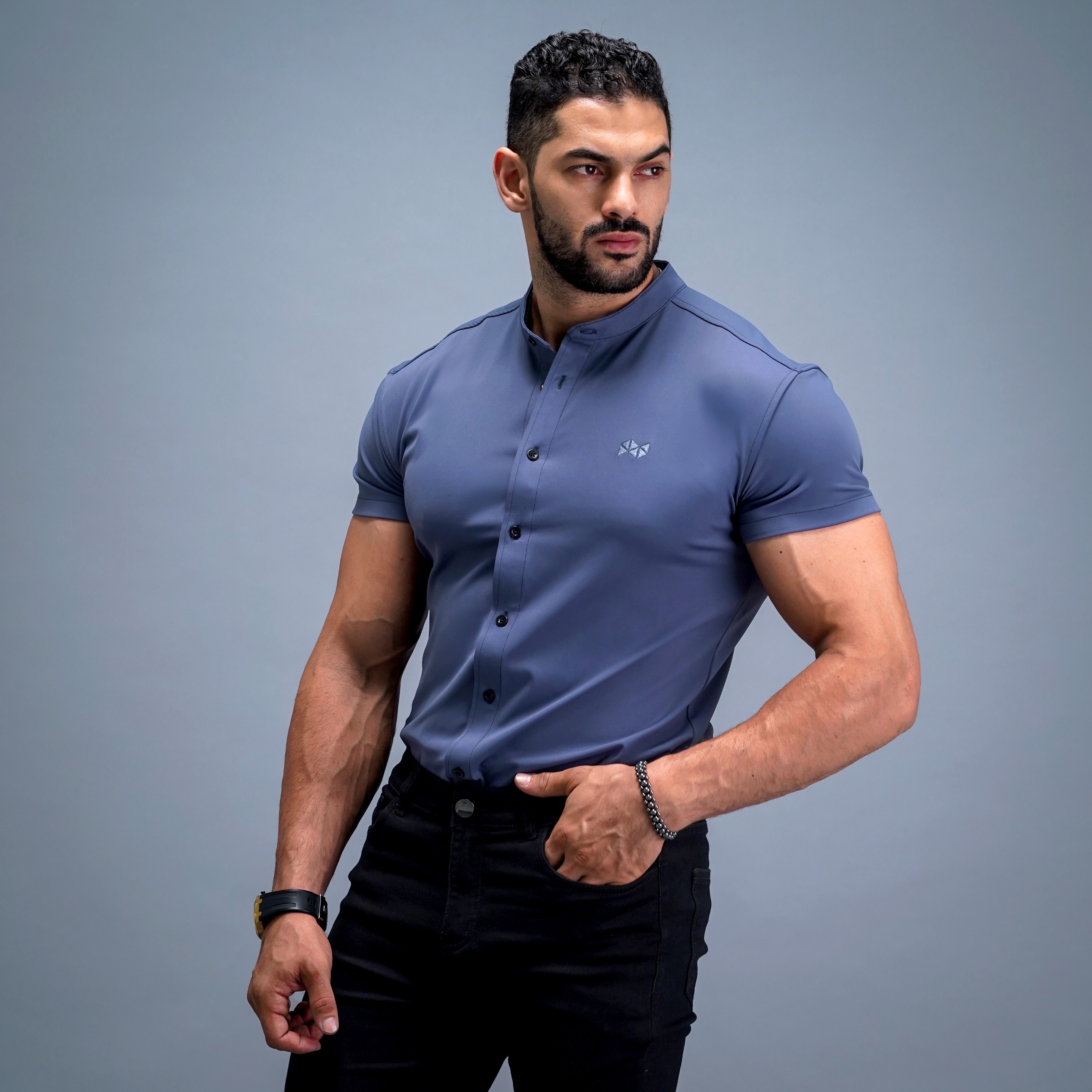 NEVERES Collarless Classic Fit Shirt Shortsleeve