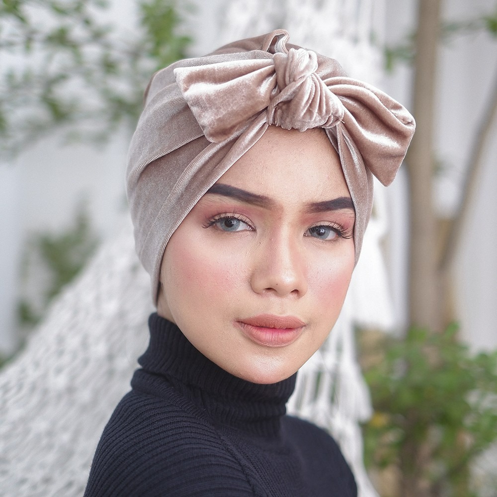 Turban Instant Winonamodest - PBV. Turban Bludru Turban pesta untuk Dewasa, Bisa dibentuk Pita