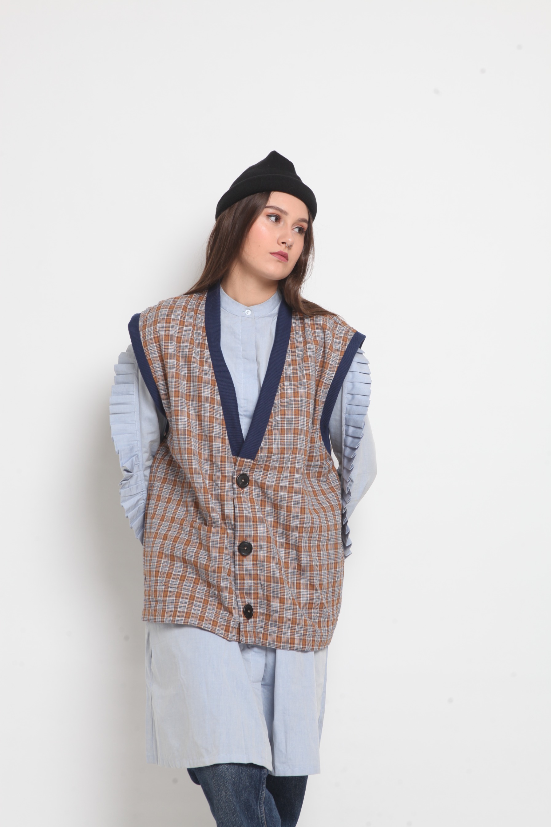 Wringkle Vest Tartan Brown