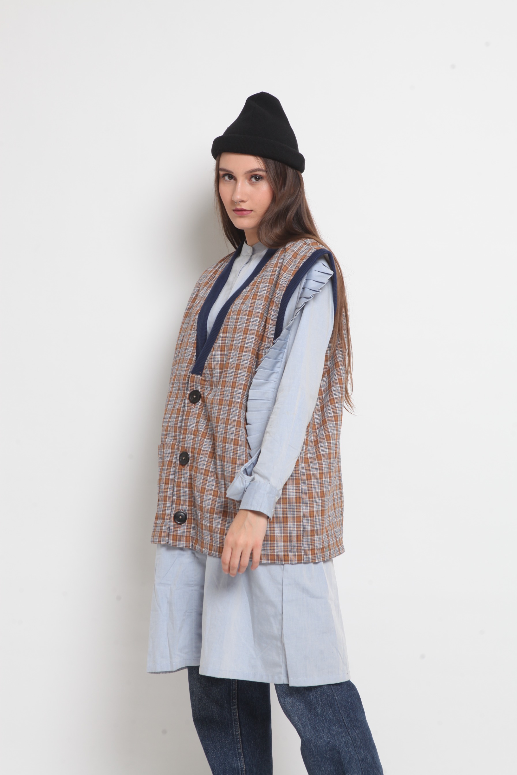 Wringkle Vest Tartan Brown