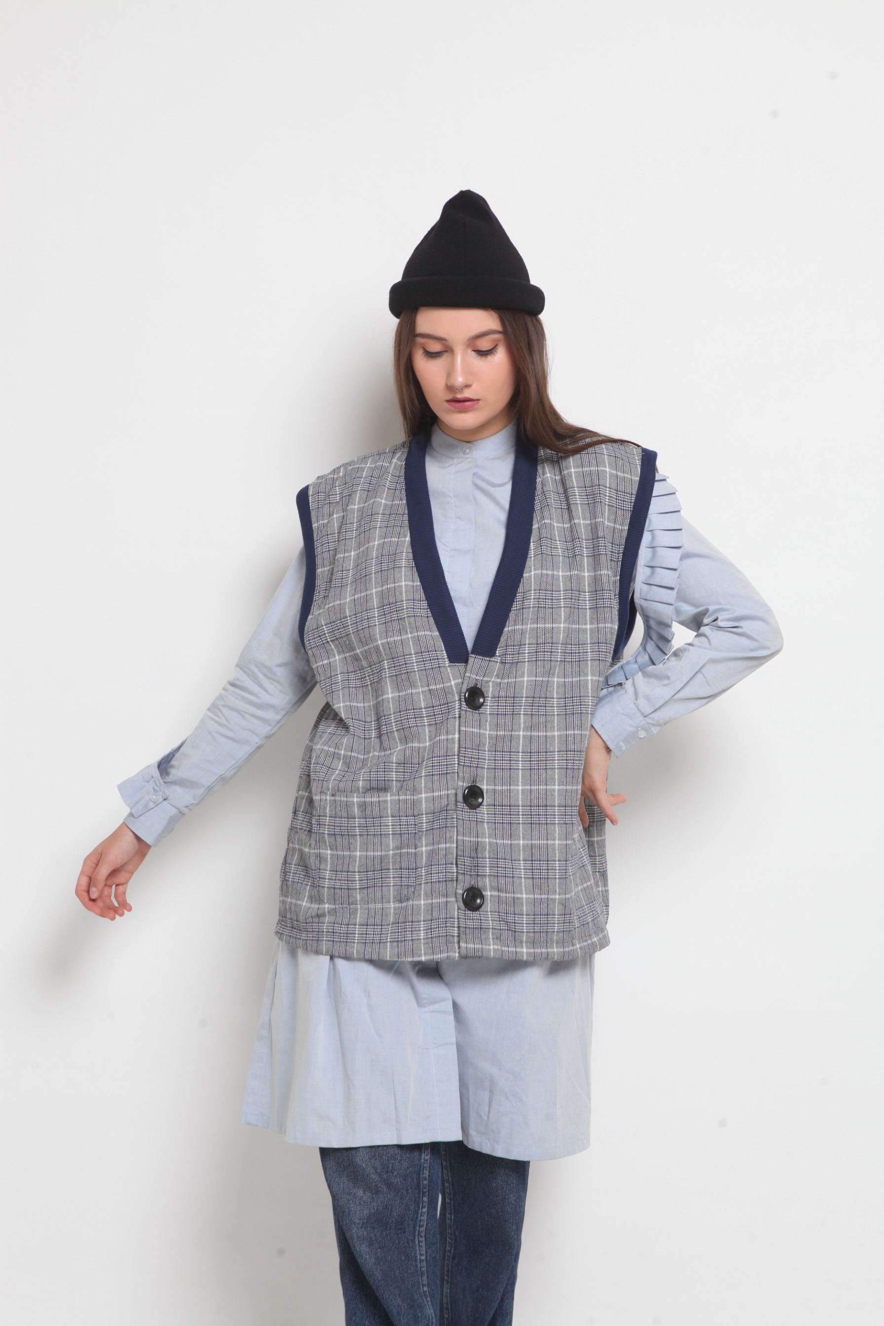Wringkle Vest Tartan Grey