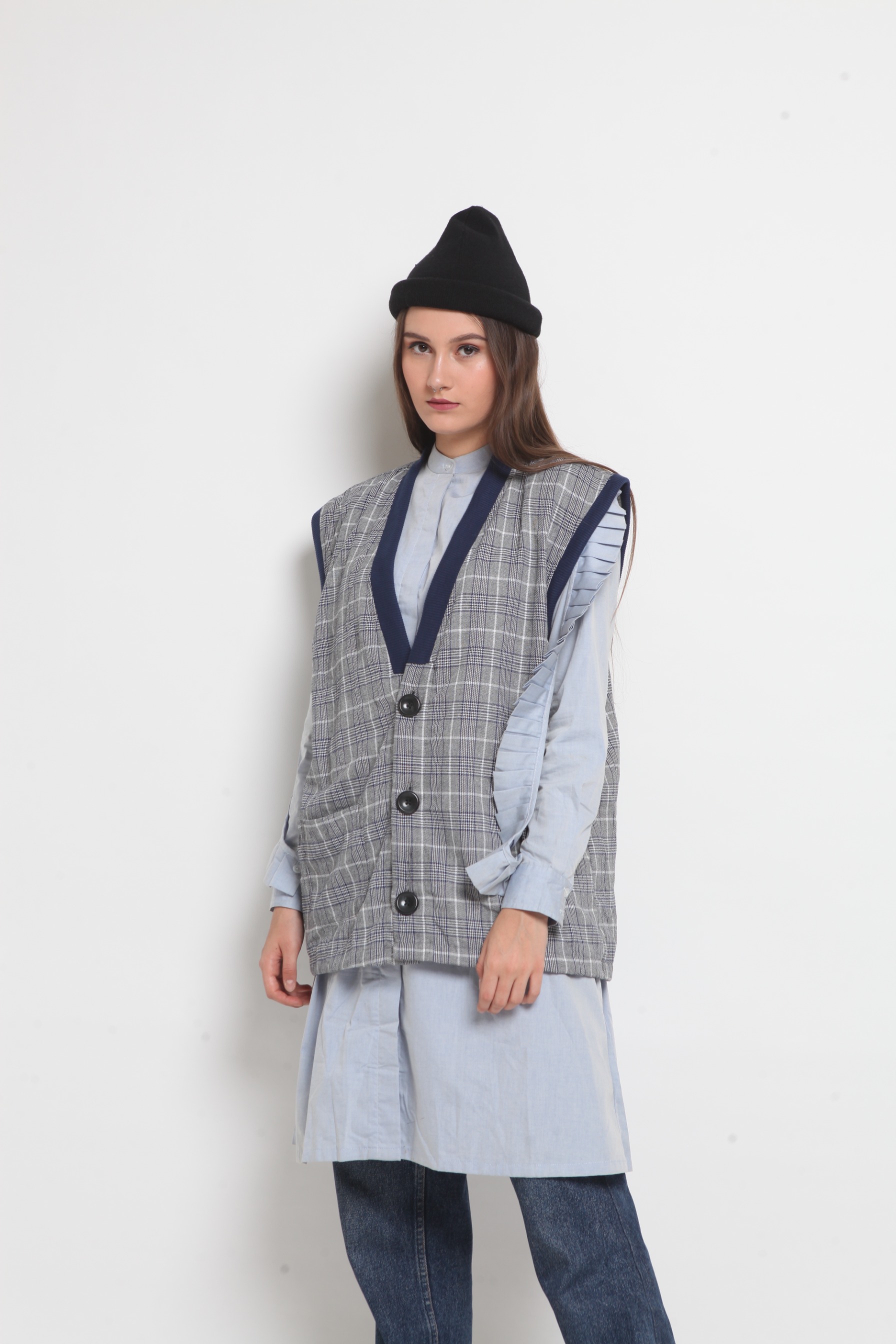 Wringkle Vest Tartan Grey