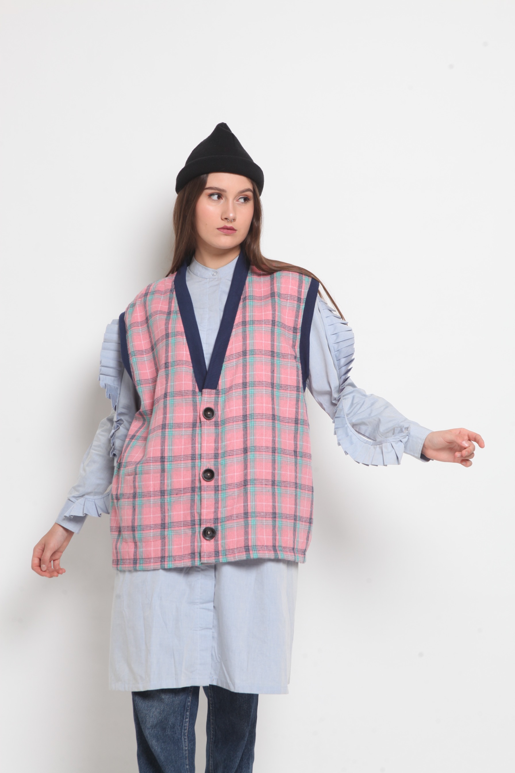 Wringkle Vest Tartan Pink