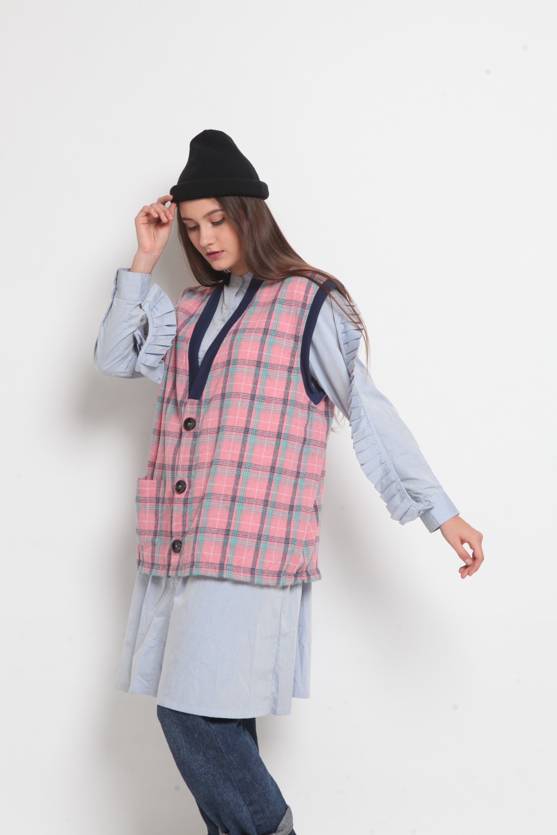 Wringkle Vest Tartan Pink