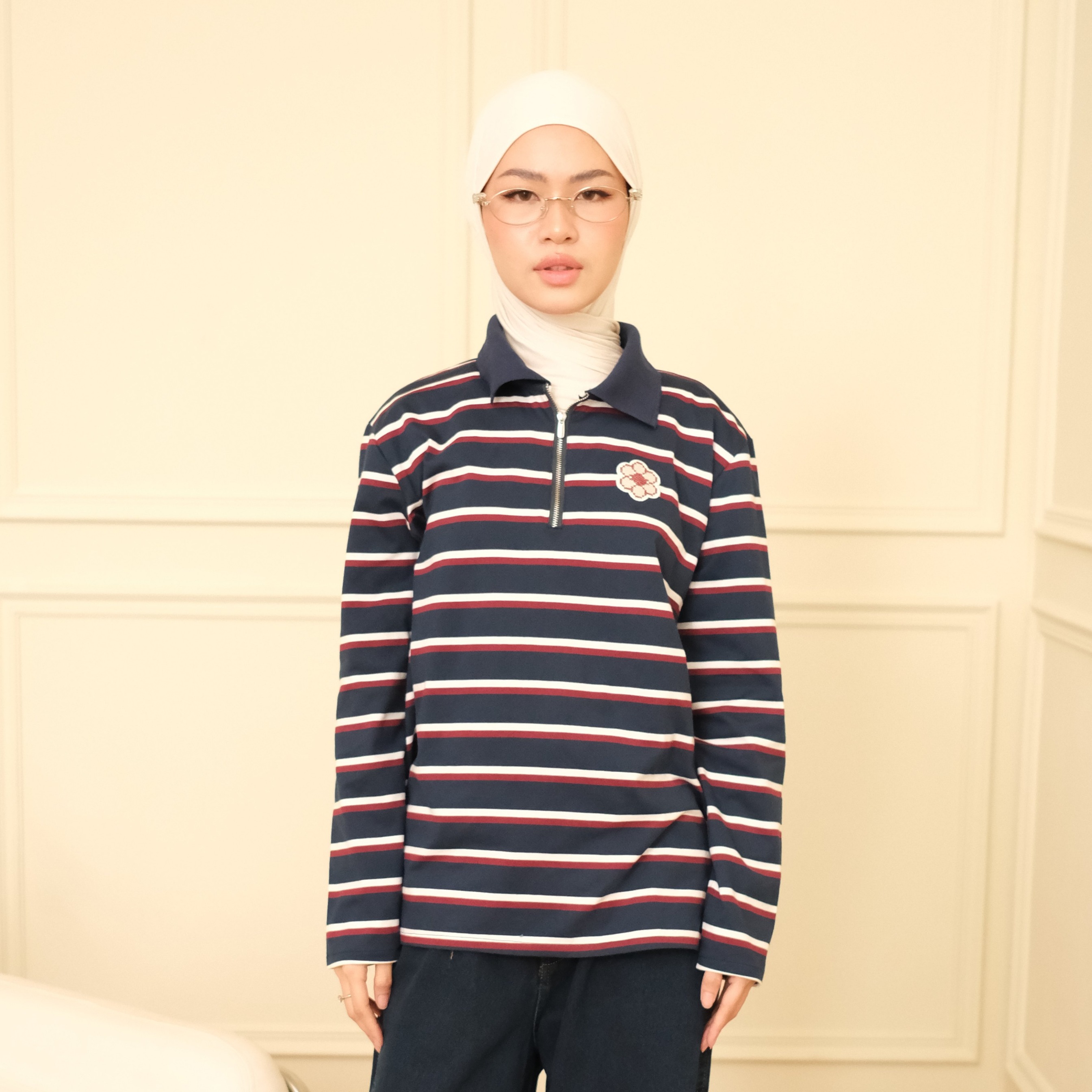 GIYOMI ID - Levia Top / Atasan Polo Wanita / Half Zipper / Stripe / Soft Cotton Blend